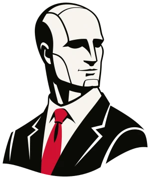 Portrait on the staff card: the First AI Employee mark, a figure in a black suit and a red tie